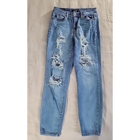 Judy Blue Womens 3 26 28x27 Jeans Boyfriend Distressed Mid Rise Medium Logo EUC - Picture 1 of 16